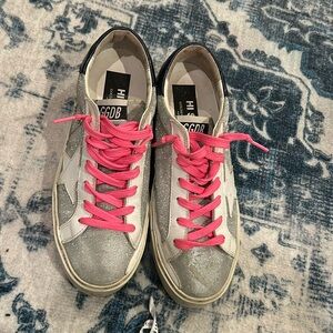 golden goose sparkly silver platform with hot pink laces size:8